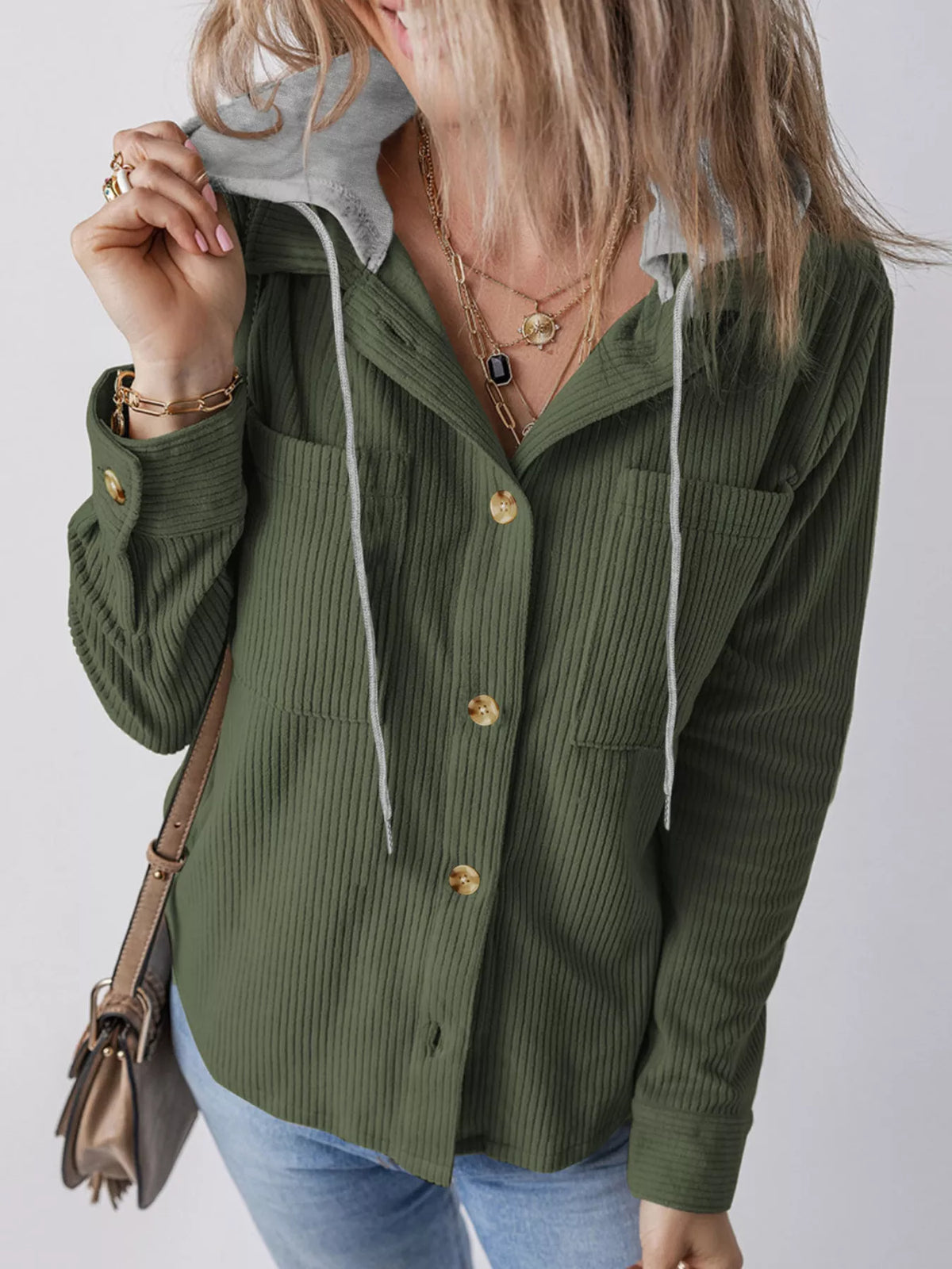Relaxed Corduroy Hooded Button-Down Jacket – Plus Size