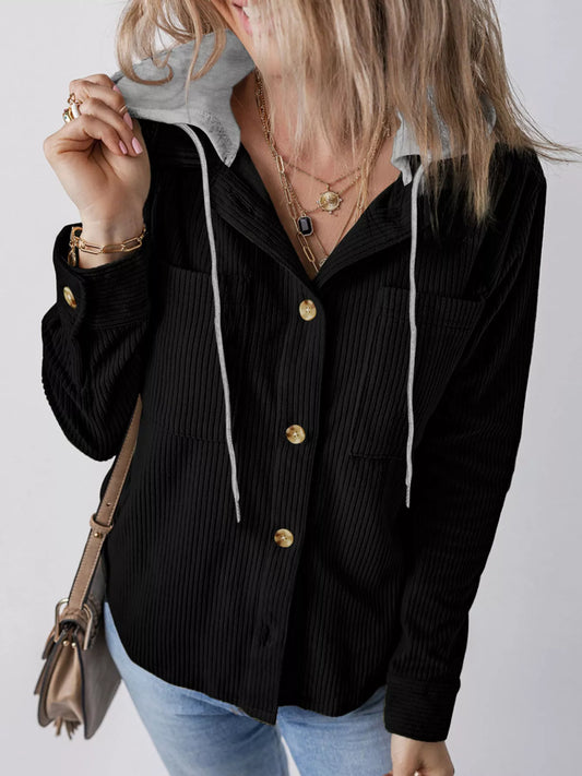 Relaxed Corduroy Hooded Button-Down Jacket – Plus Size