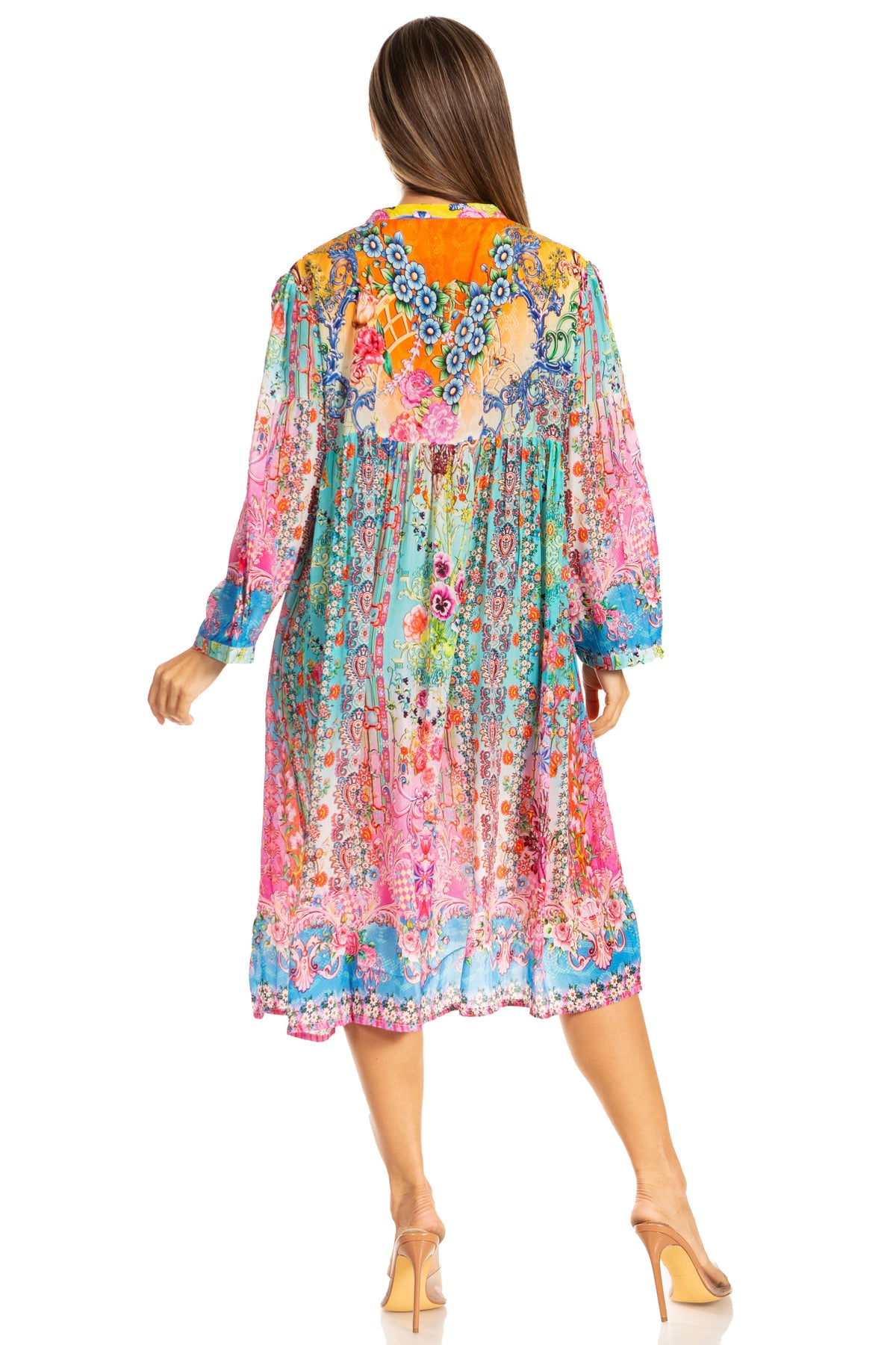 Sakkas Puff Sleeves Split Neck Summer Short Flowy Swing Dress/Cover-up
