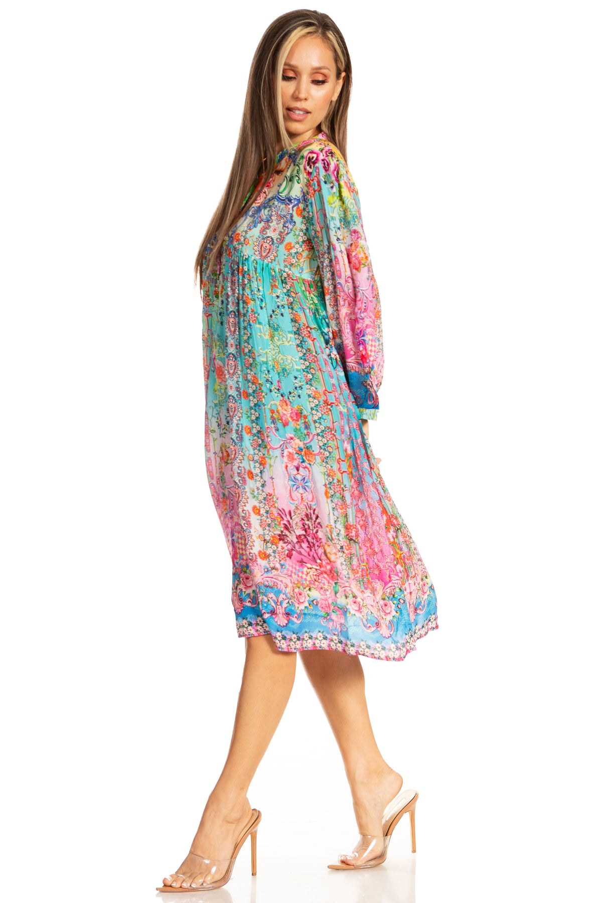 Sakkas Puff Sleeves Split Neck Summer Short Flowy Swing Dress/Cover-up