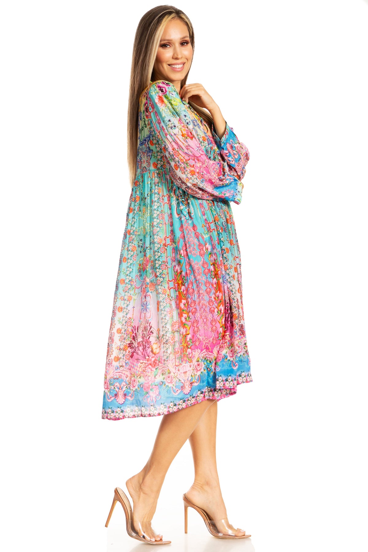 Sakkas Puff Sleeves Split Neck Summer Short Flowy Swing Dress/Cover-up