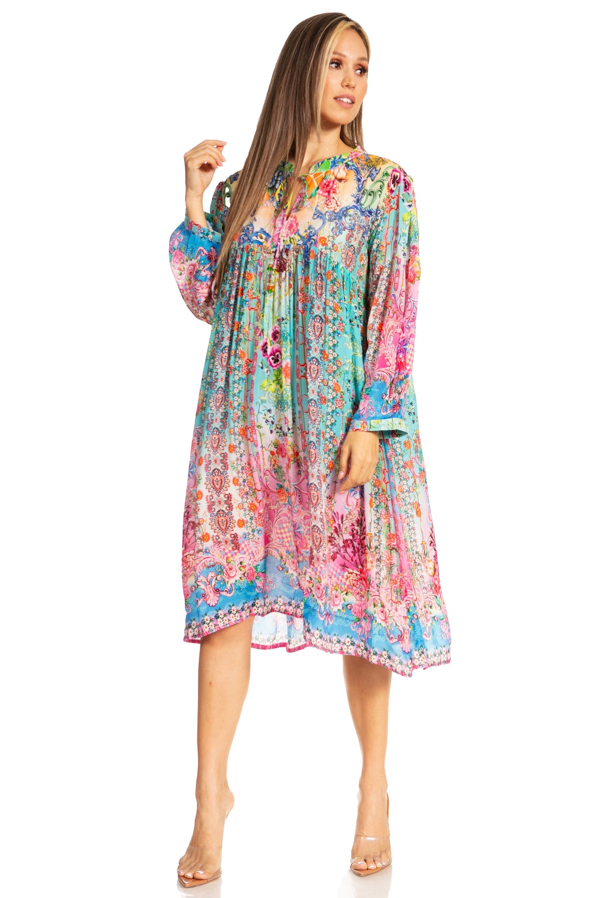 Sakkas Puff Sleeves Split Neck Summer Short Flowy Swing Dress/Cover-up