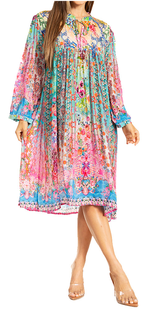 Sakkas Puff Sleeves Split Neck Summer Short Flowy Swing Dress/Cover-up