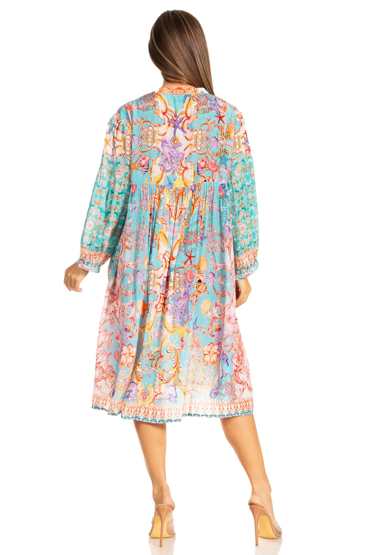 Sakkas Puff Sleeves Split Neck Summer Short Flowy Swing Dress/Cover-up
