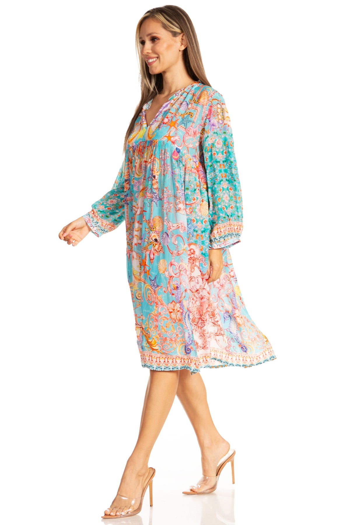 Sakkas Puff Sleeves Split Neck Summer Short Flowy Swing Dress/Cover-up