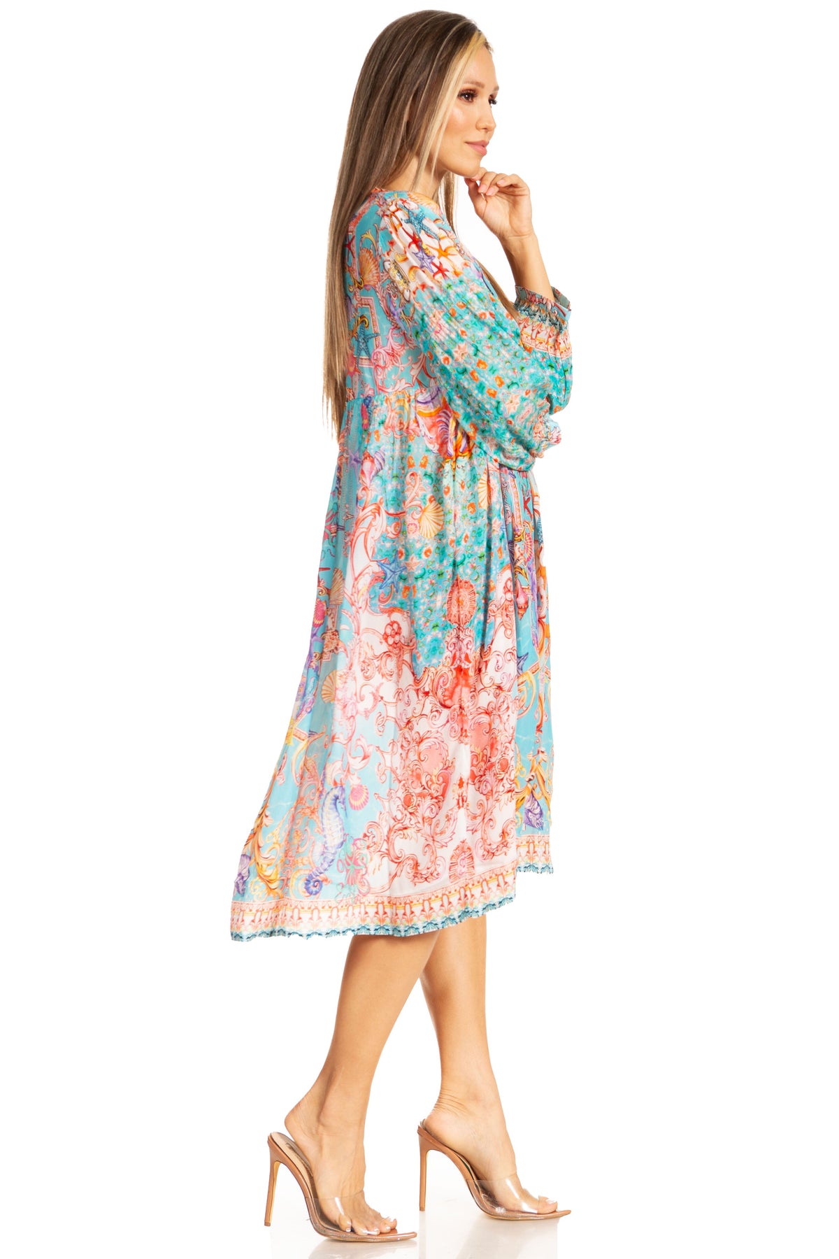 Sakkas Puff Sleeves Split Neck Summer Short Flowy Swing Dress/Cover-up
