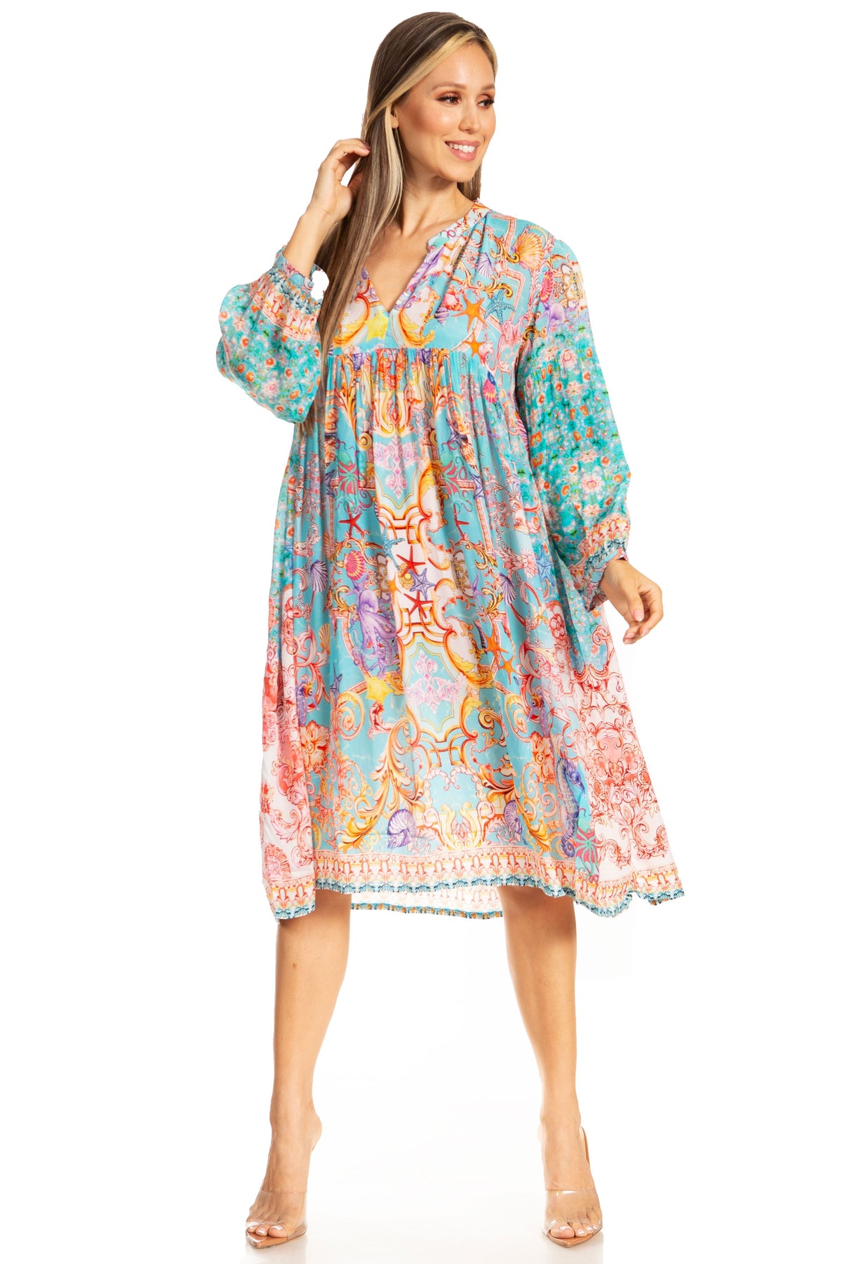 Sakkas Puff Sleeves Split Neck Summer Short Flowy Swing Dress/Cover-up