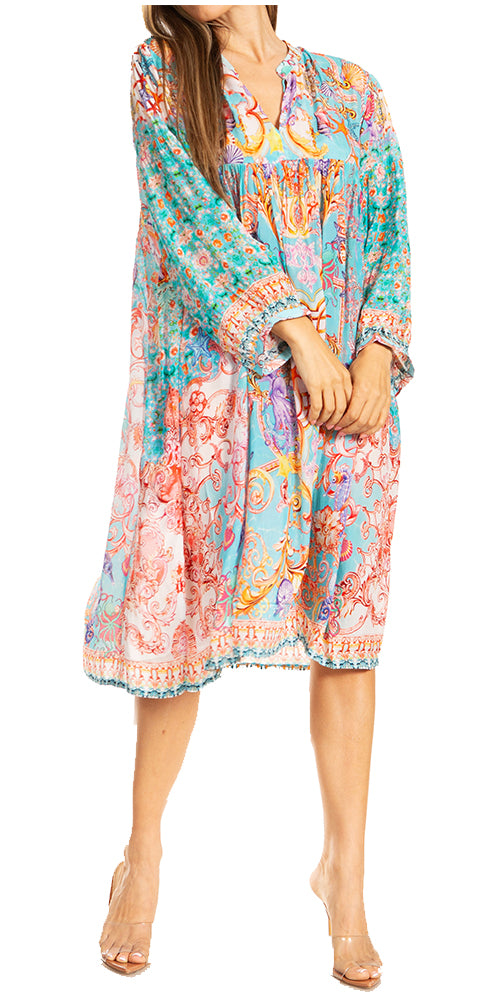 Sakkas Puff Sleeves Split Neck Summer Short Flowy Swing Dress/Cover-up