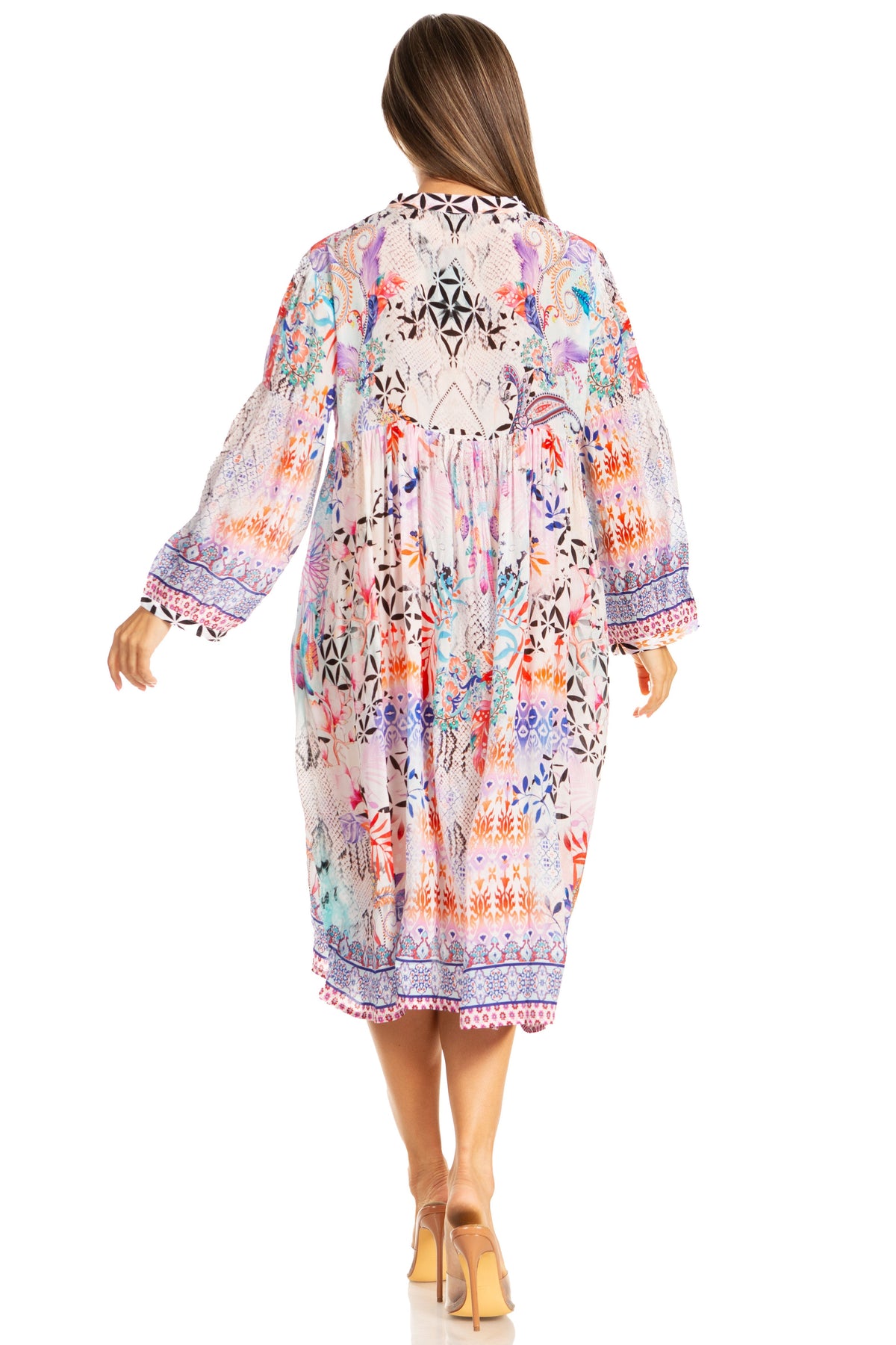 Sakkas Puff Sleeves Split Neck Summer Short Flowy Swing Dress/Cover-up