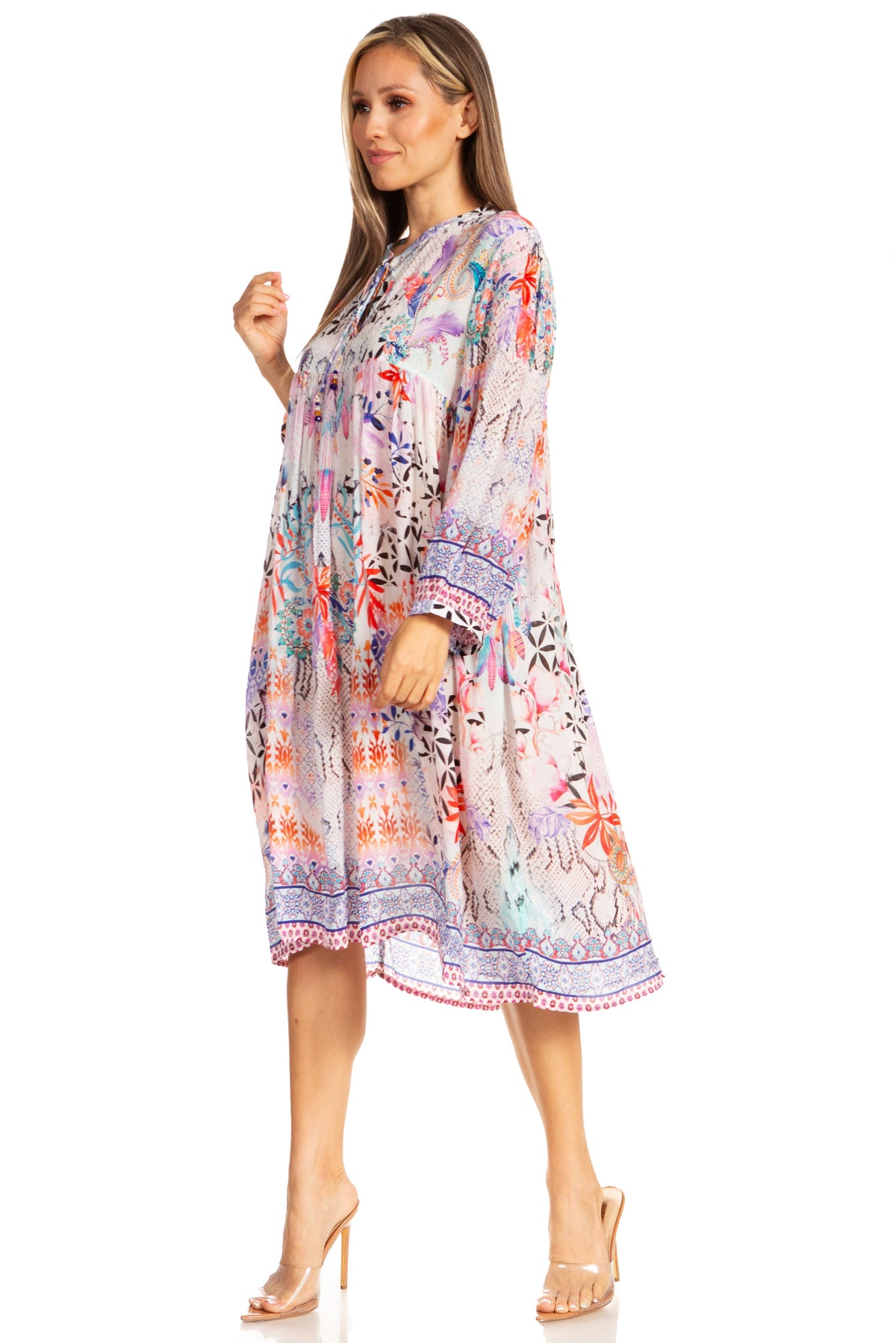 Sakkas Puff Sleeves Split Neck Summer Short Flowy Swing Dress/Cover-up