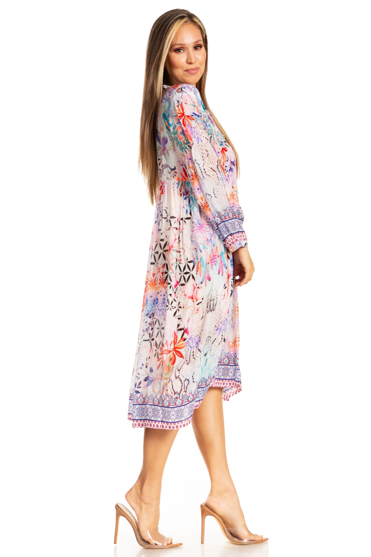 Sakkas Puff Sleeves Split Neck Summer Short Flowy Swing Dress/Cover-up