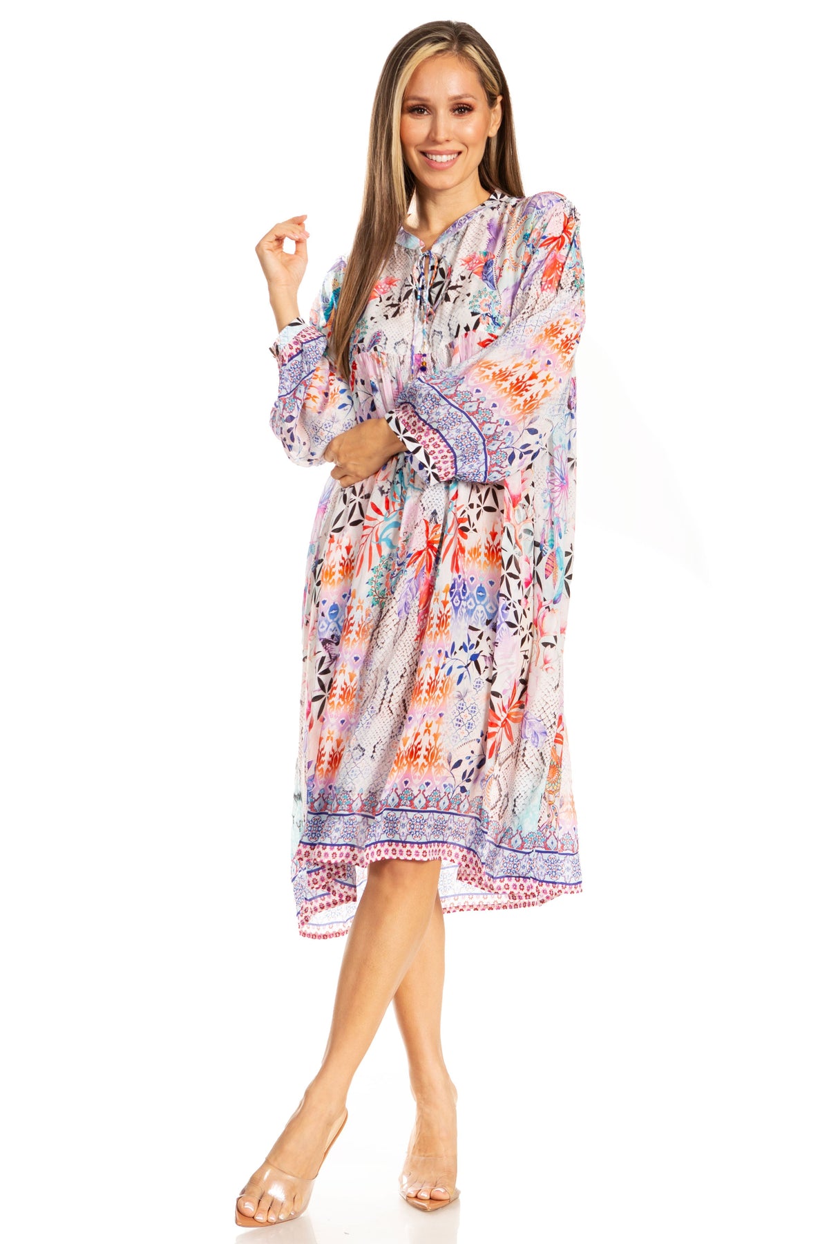Sakkas Puff Sleeves Split Neck Summer Short Flowy Swing Dress/Cover-up