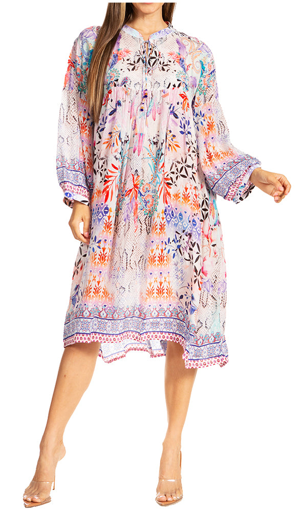 Sakkas Puff Sleeves Split Neck Summer Short Flowy Swing Dress/Cover-up