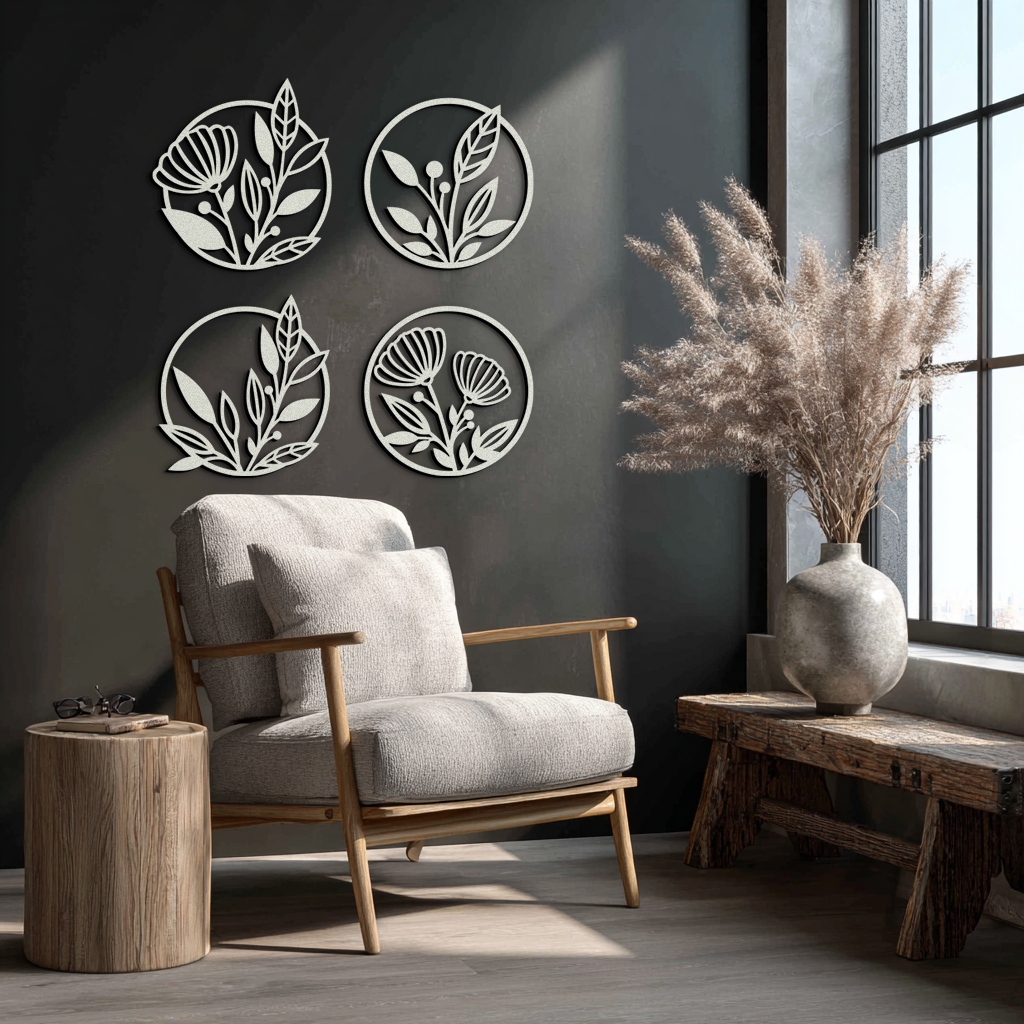 Floral Botanical Metal Wall Art - Nature-Inspired Circle Wall Decor