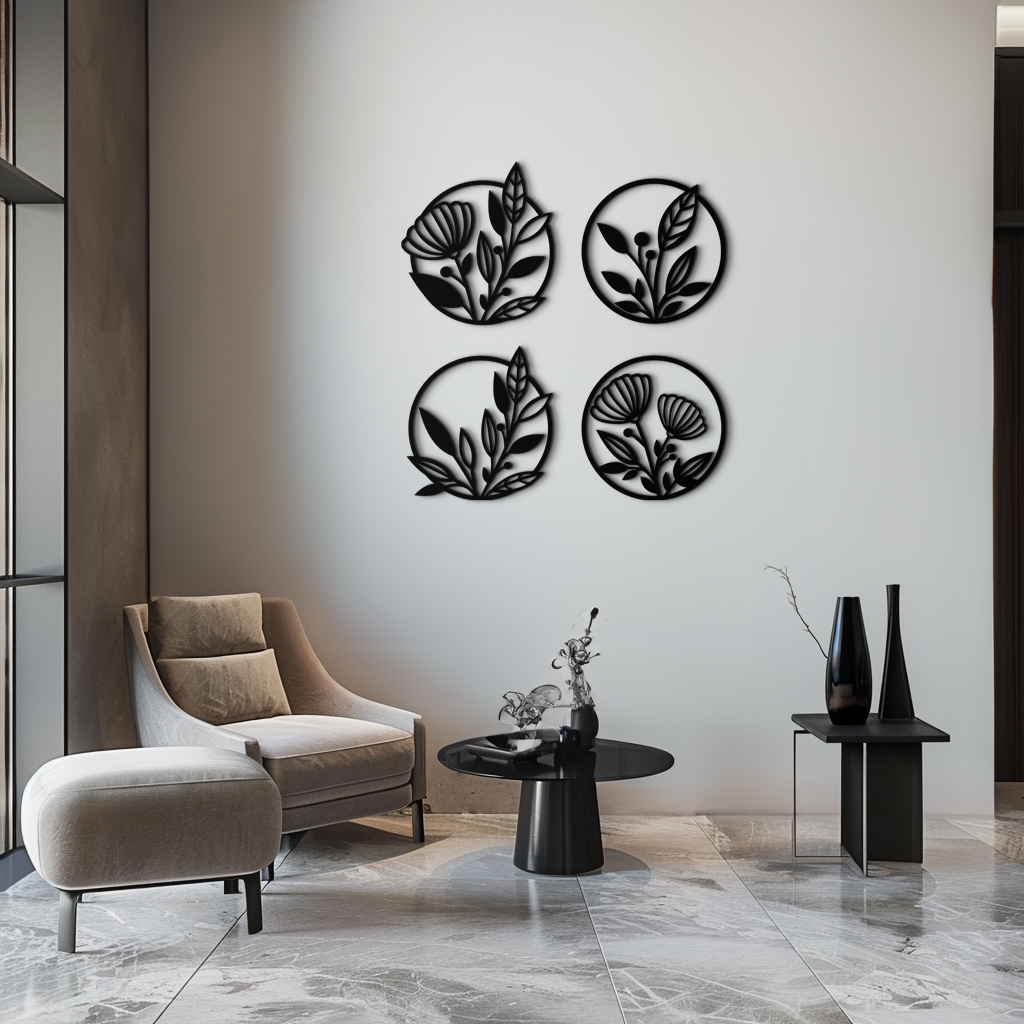 Floral Botanical Metal Wall Art - Nature-Inspired Circle Wall Decor
