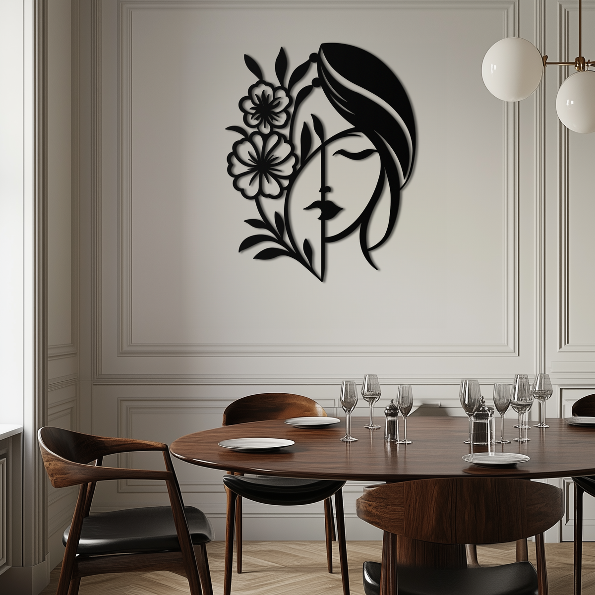 Woman with Flower Metal Wall Art – Elegant Female Silhouette Steel Decor