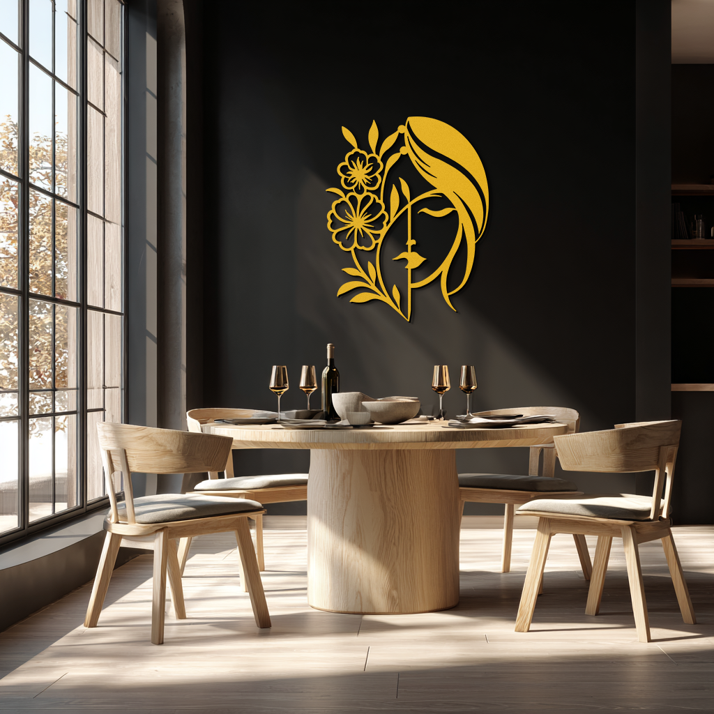 Woman with Flower Metal Wall Art – Elegant Female Silhouette Steel Decor