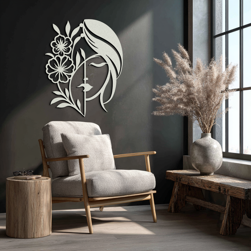 Woman with Flower Metal Wall Art – Elegant Female Silhouette Steel Decor