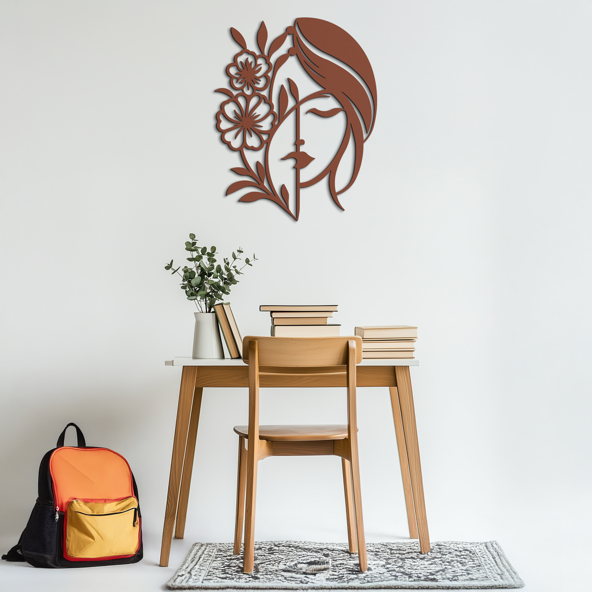Woman with Flower Metal Wall Art – Elegant Female Silhouette Steel Decor