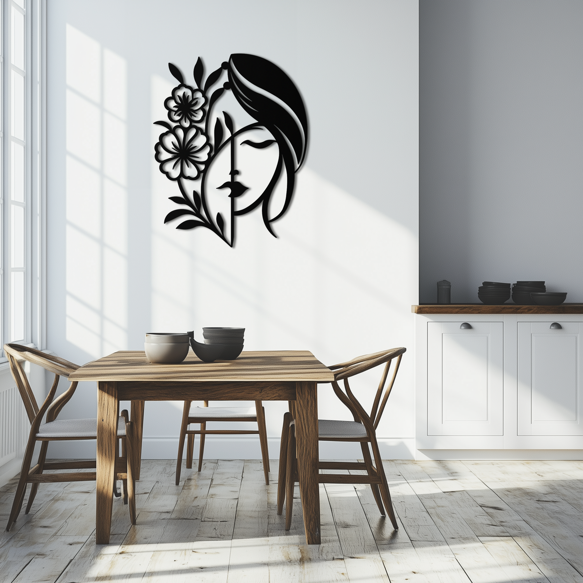 Woman with Flower Metal Wall Art – Elegant Female Silhouette Steel Decor