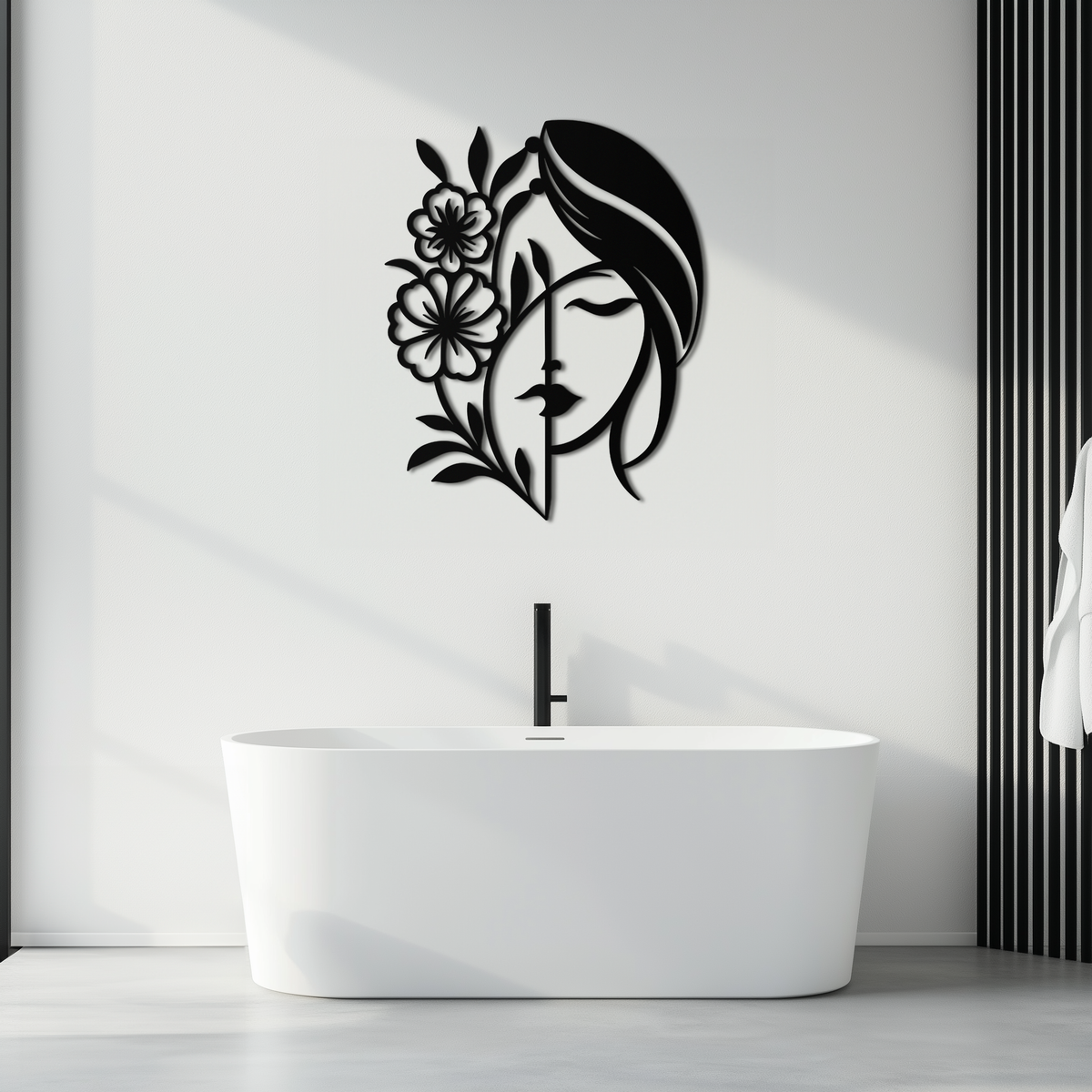 Woman with Flower Metal Wall Art – Elegant Female Silhouette Steel Decor