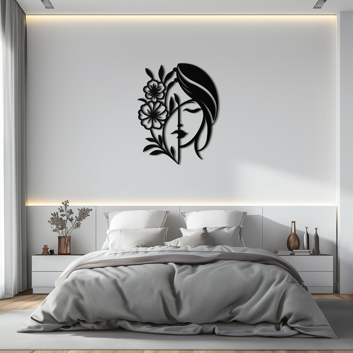 Woman with Flower Metal Wall Art – Elegant Female Silhouette Steel Decor