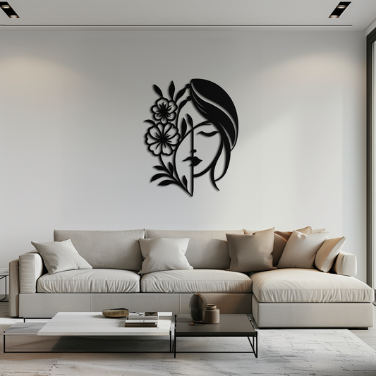 Woman with Flower Metal Wall Art – Elegant Female Silhouette Steel Decor