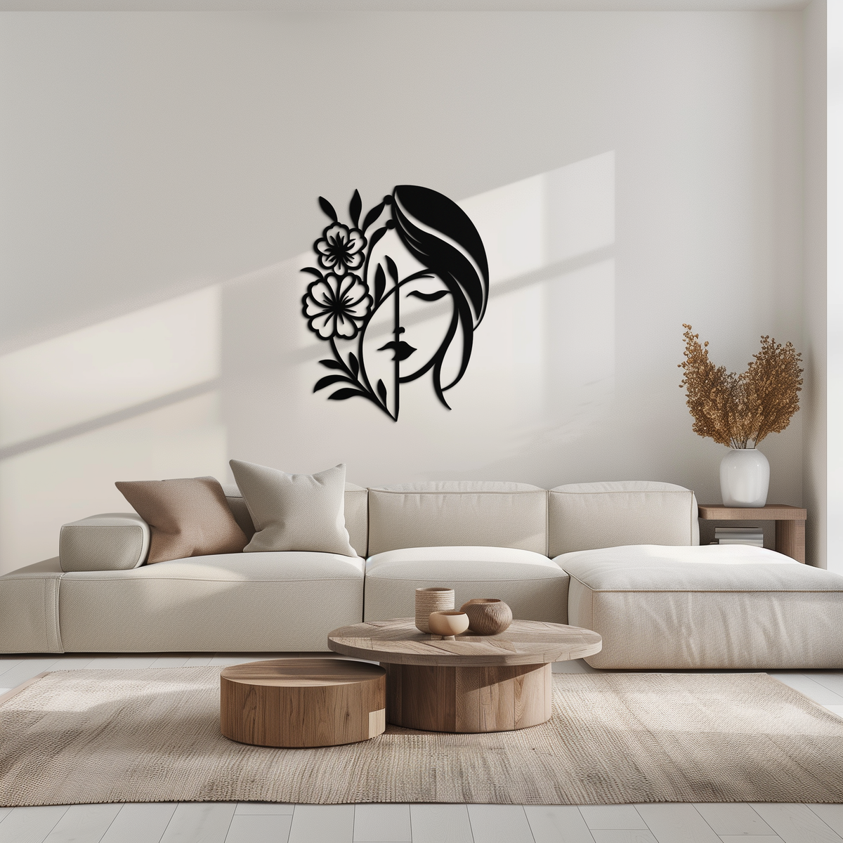 Woman with Flower Metal Wall Art – Elegant Female Silhouette Steel Decor