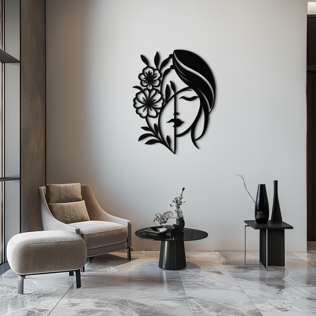 Woman with Flower Metal Wall Art – Elegant Female Silhouette Steel Decor