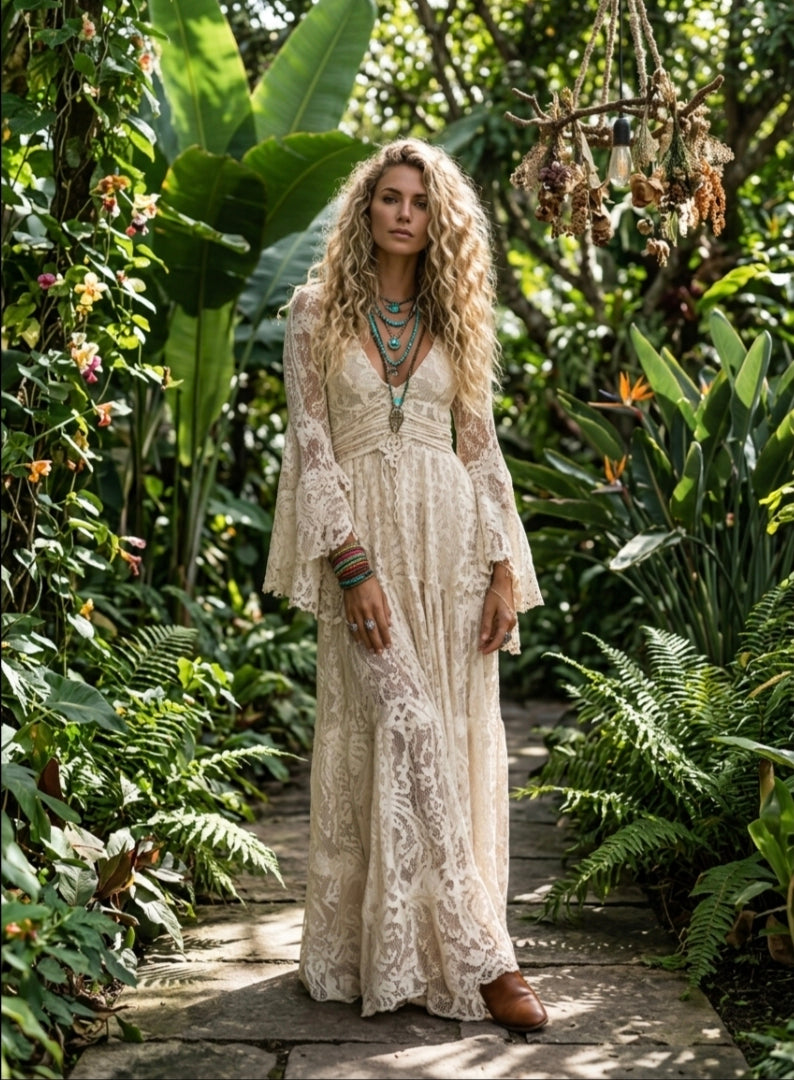 Romantic Lace Maxi Dress with Flared Sleeves