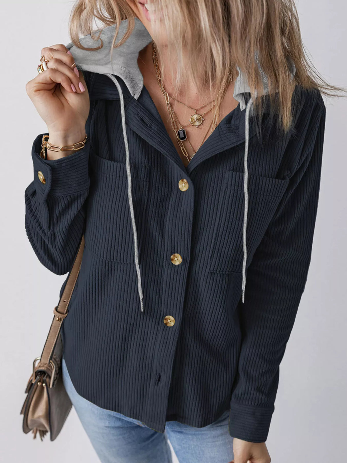 Relaxed Corduroy Hooded Button-Down Jacket – Plus Size