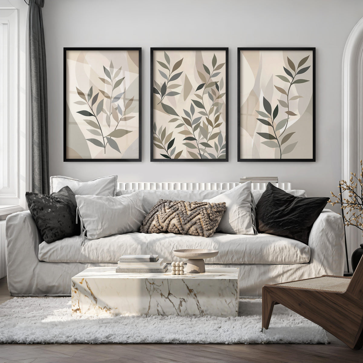 Botanical Wall Art Framed Abstract Neutral Leaf Set of 3