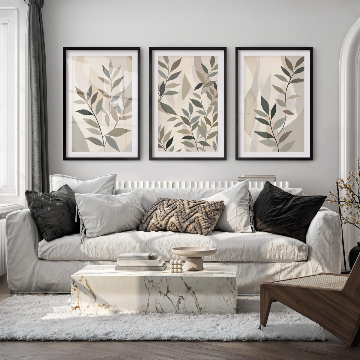 Botanical Wall Art Framed Abstract Neutral Leaf Set of 3