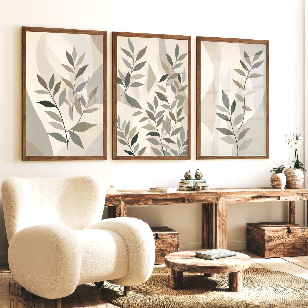 Botanical Wall Art Framed Abstract Neutral Leaf Set of 3