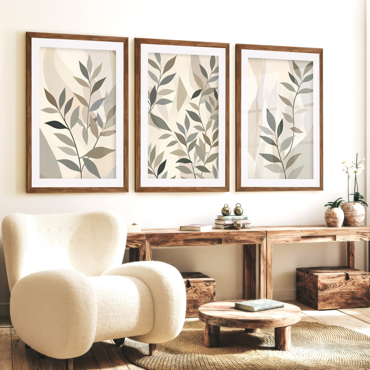 Botanical Wall Art Framed Abstract Neutral Leaf Set of 3