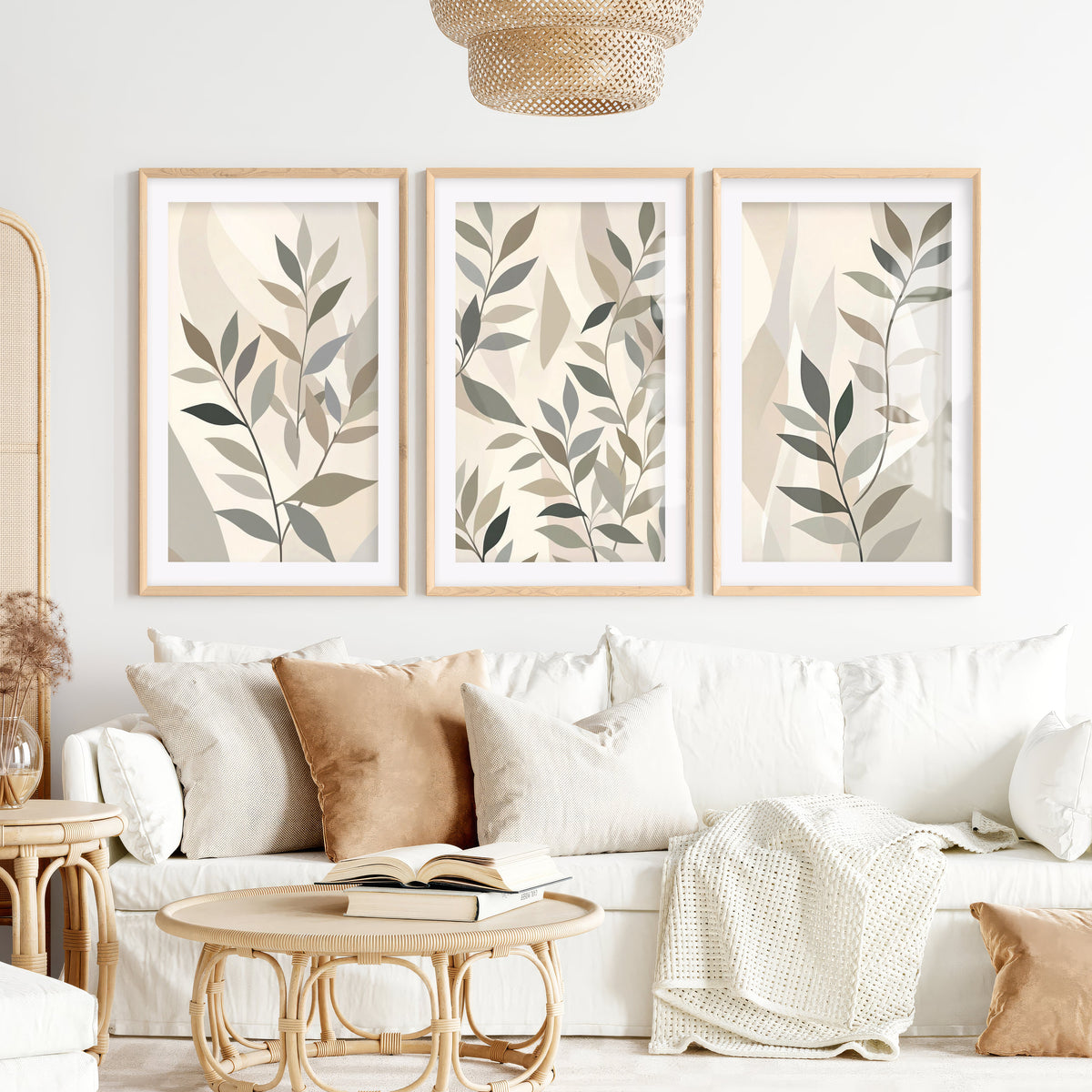 Botanical Wall Art Framed Abstract Neutral Leaf Set of 3