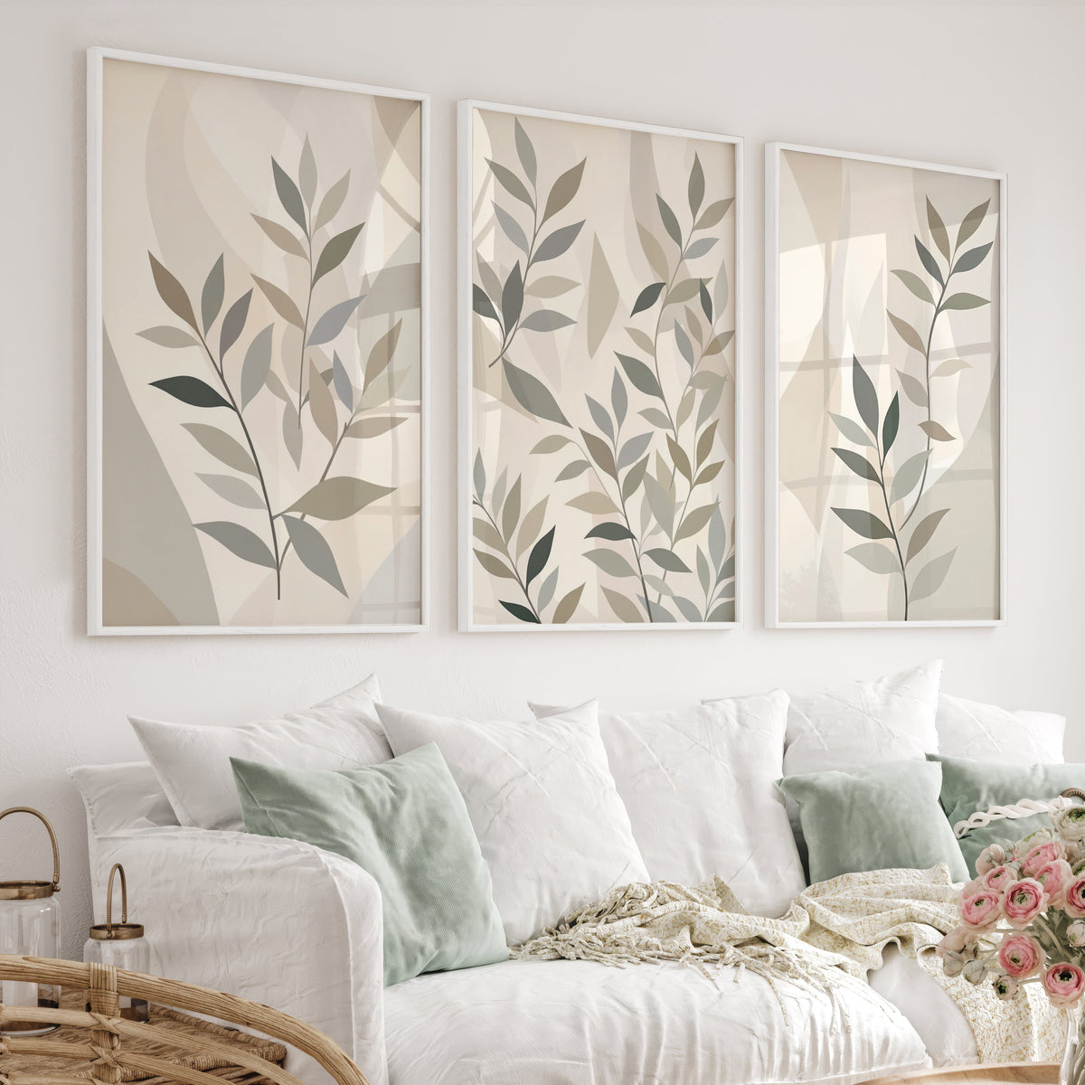 Botanical Wall Art Framed Abstract Neutral Leaf Set of 3