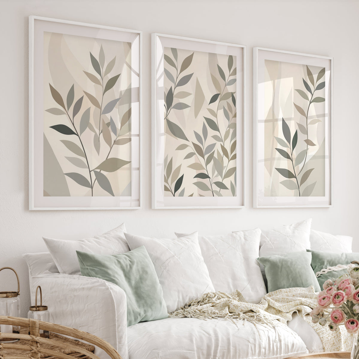 Botanical Wall Art Framed Abstract Neutral Leaf Set of 3