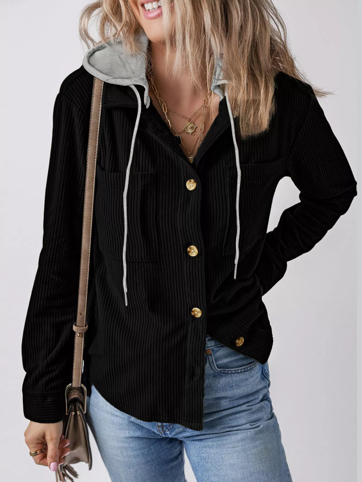 Relaxed Corduroy Hooded Button-Down Jacket – Plus Size