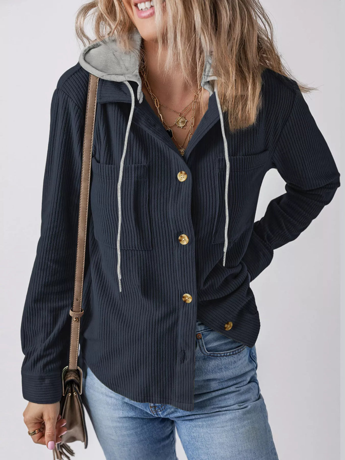 Relaxed Corduroy Hooded Button-Down Jacket – Plus Size