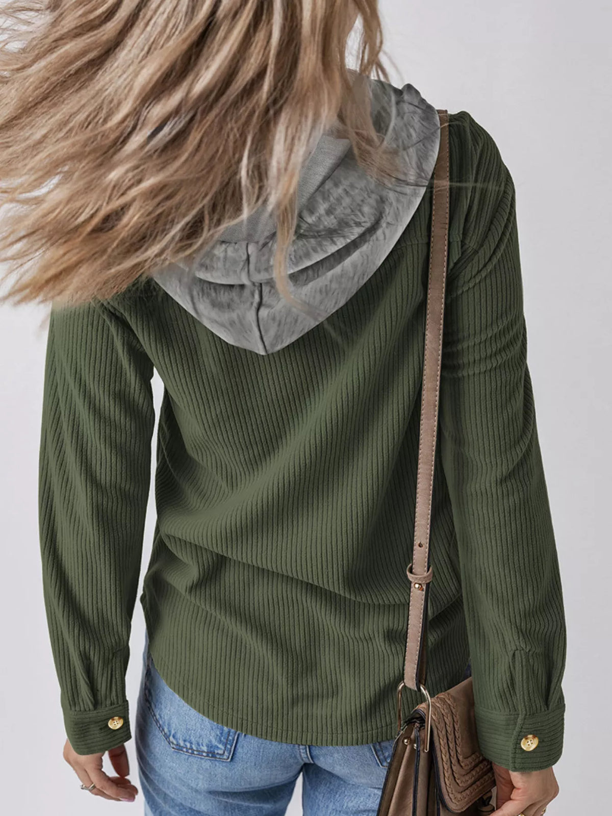 Relaxed Corduroy Hooded Button-Down Jacket – Plus Size