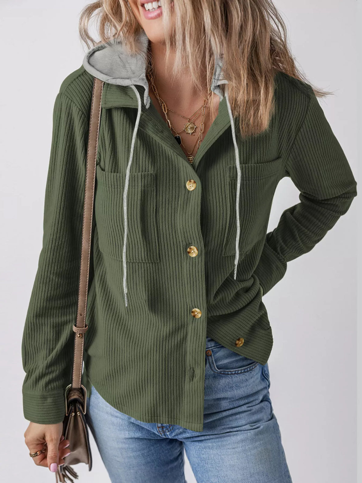 Relaxed Corduroy Hooded Button-Down Jacket – Plus Size